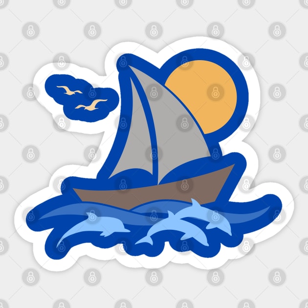 Sailboat Scene with Dolphins Sticker by TeaTimeTs